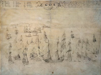 Belägring av Goa, portugisisk koloni, av den holländska flottan mellan 1603 och 1639. 1600-talsmanuskript Paris, B.N. av Unknown artist