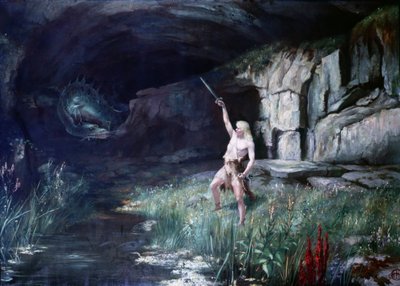 Siegfried, vänd mot draken Fafner, viftade med sitt svärd. Operascen "" Ring of the Nibelungen"" av Richard Wagner (1813 - 1883). Målning. av Unknown artist