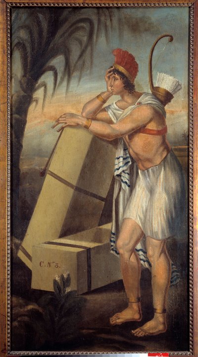 Tecken på tobakshandlare som representerar en amerikansk indian lutar sig mot lådor med tobak som är redo att fraktas på fartyg som exporterar New World-produkter. La Rochelle. Nya världens museum av Unknown artist