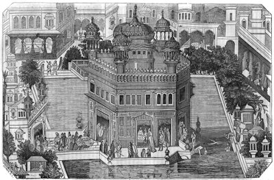 Sikhism: utsikt över det gyllene templet (Harmandir Sahib), Sikh-religionens kulturella centrum, bassängen och staden Amritsar i delstaten Indiska Panjab (Kungariket Lahore). I "" Den pittoreska butiken"" 1836 av Unknown artist
