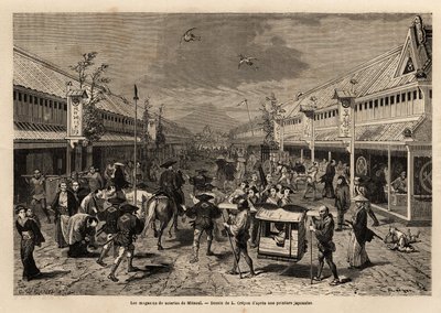 Sidenbutiker i Mitsoui, Yedo (eller Edo, dagens Tokyo), livliga, och i bakgrunden silhuetten av berget Fuji. Gravyr för att illustrera resan till Japan, 1863-1864, av Aime Humbert, minister för Schweiziska edsförbundet, i "Le tour du monde, nou av Unknown artist
