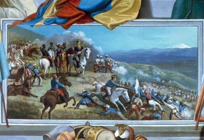 Simon Bolivar leder rebelltrupper mot Agustin Agualongos spanska styrkor, fresk Ibarra stadshus, Ecuador av Unknown artist