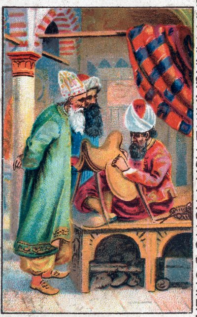 Sindbad gör en sadel. Sinbads (Sindbad) sjömannens underbara äventyr. Populär berättelse om 1001 nätter (tusen och en natt). Kromolitografi från slutet av 1800-talet. av Unknown artist