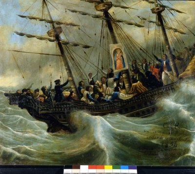 Förlisning av ett schweiziskt emigrantfartyg. Ex voto från 1856 från helgedomen Madonna del Sasso i Locarno. Målning tillskriven Giovanni Antonio Vanoni. av Unknown artist