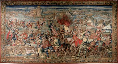 Sjätte italienska kriget (1521-1526): representation av slaget vid Pavia (Pavia) den 24/02/1525, där Francois I besegrades mot Karl V. Tapestry. Neapel. Museo Nazionale di Capodimonte. av Unknown artist