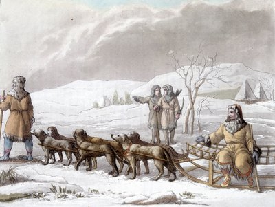 Släde av Kamtchadales dragen av hundar, Sibirien. Teckning av Gallina f. Library of Decorative Arts i Paris. ""Den antika och moderna dräkten"" av Unknown artist