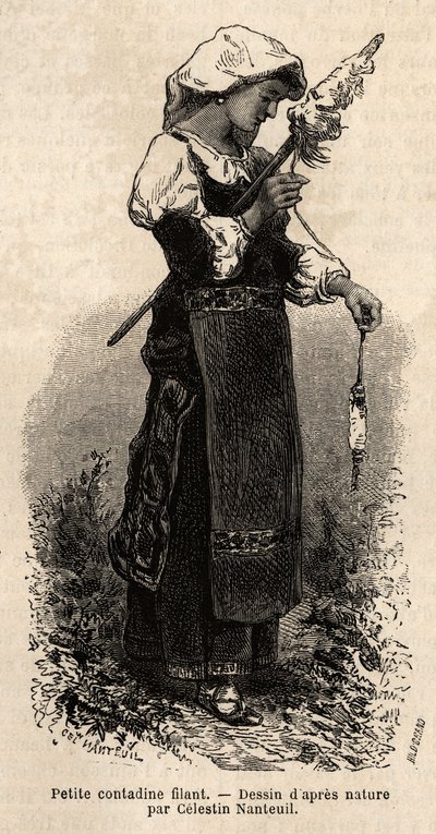 Liten contadin (bonde) från Roms omgivningar, spinner ull med sin spindel. Gravyr för att illustrera resan till Rom, av Francis Wey, 1864-1870, publicerad i "Le tour du monde"" 1870-1871, redigerad av Edouard Charton, upplaga Hachette, Pari av Unknown artist