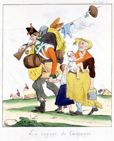 Engelsk soldat från kampanjerna mot Napoleon generad av sin fru och barn - i "" Musée de la caricature"" av E. Jaime, red. Delloye, Paris av Unknown artist
