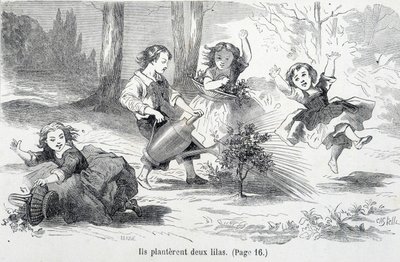 Sophie och hennes vänner planterar syren - i "The misfortunes of Sophie"" av grevinnan av Ségur, Hachette av Unknown artist