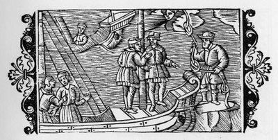 Trollkarl som säljer till sjömän vindarna låsta i de tre noderna av ett rep - i "Historia de Gentibus Septentrionalibus" (Historia om folken i Norden) av Olaus Magnus, Rom 1555 av Unknown artist