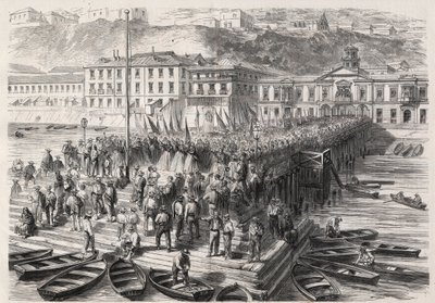 Sydamerikanska Hispano-kriget mellan Chile och Spanien, september 1865: damerna från Valparaiso, i närvaro av den spanska skvadronen som blockerar hamnen, sjunger patriotiska psalmer - gravyr i "" The Illustrous World" av Unknown artist