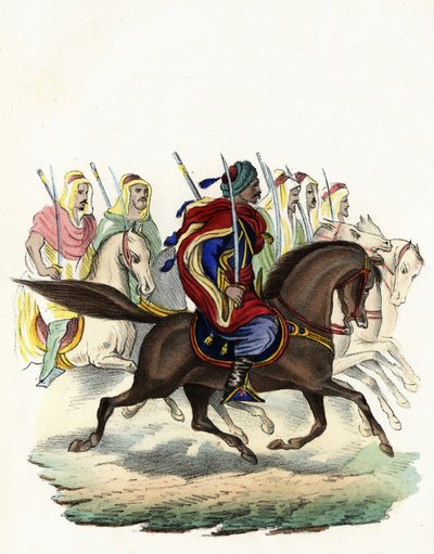 Spahis, en inhemsk kavallerikår från den franska armén i Afrika, huvudsakligen sammansatt av arabiska ryttare, bildad för provinserna Alger 1834, Bone 1835 och Oran 1836. I "" Storia d