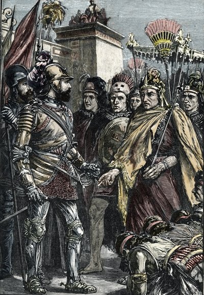 Spaniens erövring av Mexiko: möte mellan Hernan Cortes och Montezuma II 1519 av Unknown artist