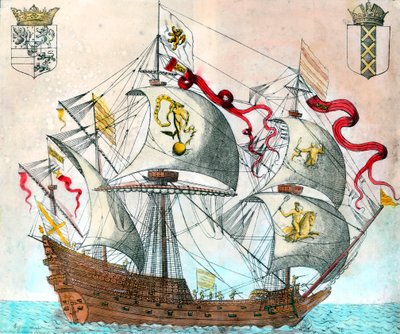 Spanskt skepp från 1500-talet. gravyr från 1500-talet. BN, Paris. av Unknown artist