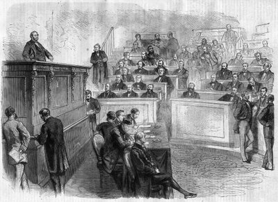 Tal av Eugene Rouher (1814-1884) vid tribune du corps legislatif - Ingravering i "" Le Journal Illustronne"" av Unknown artist