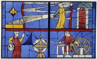 Spinnverkstad. Ansiktsliknelse av ett målat glasfönster från Cathedrale d