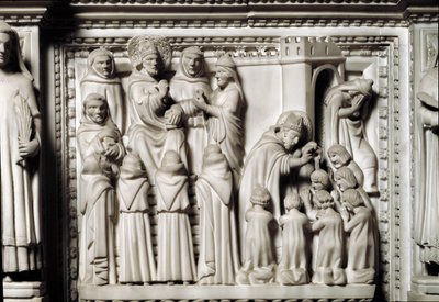 St Augustine ark med reliker av helgonet, detalj av reliefen som visar disputationen och dopet av St Augustine. Skulptur i marmor av Unknown artist
