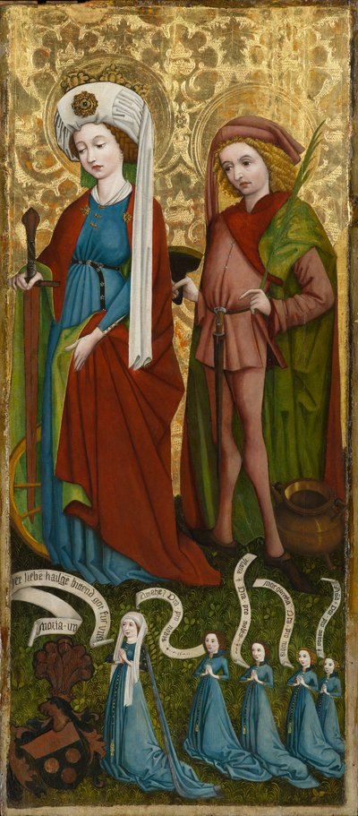 St. Catherine och St. Vitus med Anna von Freiberg och hennes döttrar, cirka 1450 (tempera och olja på panel) av Unknown artist