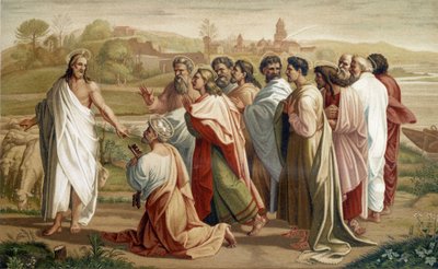 Petersmission: Jesus anförtror sin flock åt Petrus i närvaro av de andra apostlarna - enligt 1500-talsmålning av Unknown artist