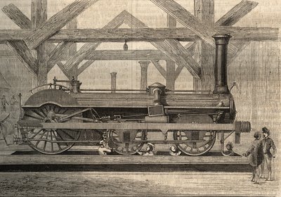 Ångloksmodell, Crampton-system vid namn Thomas Russell Crampton (1816-1888). Gravyr från 1856. av Unknown artist