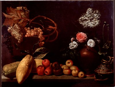 Stilleben med rosor, buskblommor, citroner och vindruvor (målning av Unknown artist