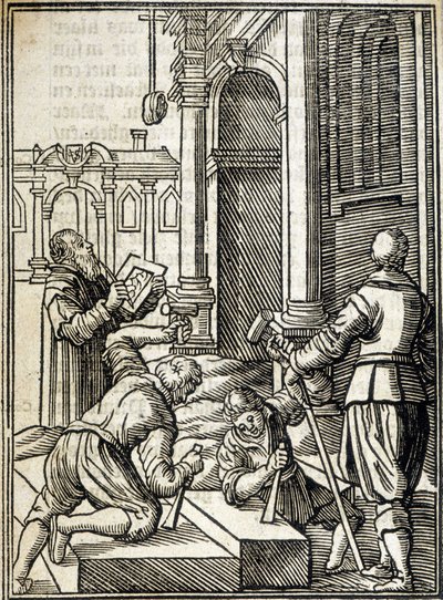 Stenklippare som arbetar med konstruktionen av en katedral - gravyr av Unknown artist