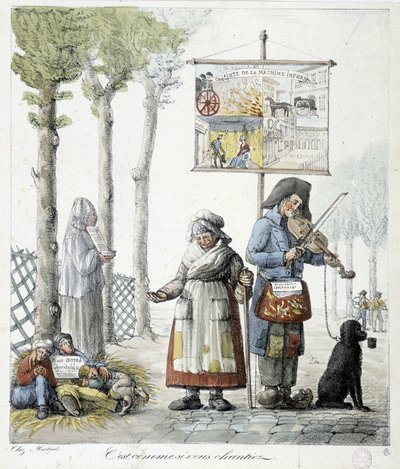 Gatumusikanter, tiggande barn - litografi av Unknown artist