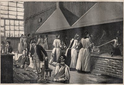 Studenter och professorer i det praktiska laboratoriet vid Conservatoire des Arts et Metiers (Arts-et-Metiers) i Paris av Unknown artist