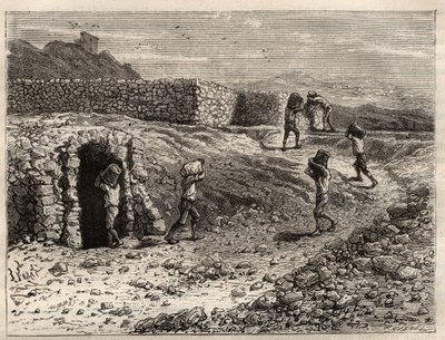 Svavel - En svavelgruva i Girgenti, Sicilien - gravyr i 