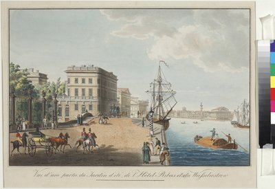 Sommarträdgården och De Ribas hus vid floden Neva - Anonym. Etsning, akvarell av Unknown artist