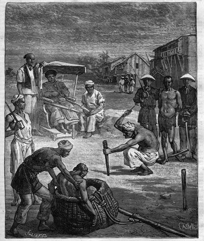 Supplice of two Pirates at Tonkin - Tonkin Pirate - illustration till romanen av Pierre Mael (Charles Causse och Charles Vincent) graverad i "" journal des voyages""" 1884 av Unknown artist