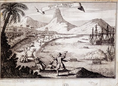 Indianernas överraskning vid landstigningen av Christopher Columbus i Guadeloupe (karaveller) - gravyr av Unknown artist