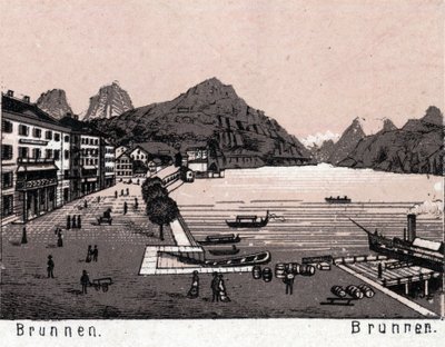 Schweiz: utsikt över staden Brunnen. i "" Världen illustrerar 168 vyer"" Odaterat (slutet av 1800-talet) av Unknown artist
