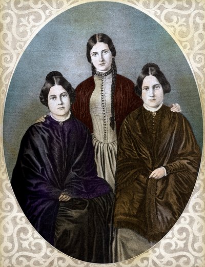 RÄVSYSTRARNA Margaretta, Kate och Leah är pionjärer som spiritister (Fox Sisters: från vänster till höger: Margaret eller Maggie (1837-1893), Kate (1828-1892) och Leah (1814-1880), pionjärer inom spiritualism och spiritualism av Unknown artist