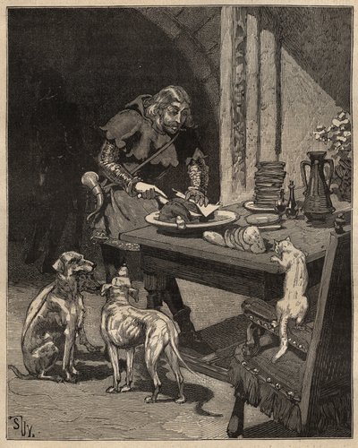Bordskonst: skär mat innan gaffeln kommer. En man håller köttet med ett pappersark i ena handen och använder sin kniv i den andra. Gravyr från 1885 i "" Les arts et metiers illustres"" av Adolphe BITARD. av Unknown artist