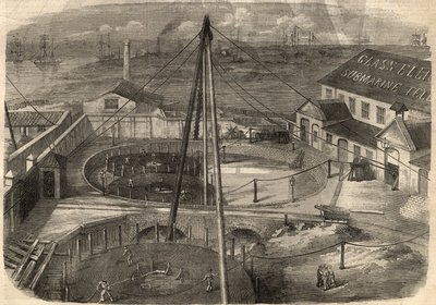Telegrafi: Den transatlantiska kabeln som tillverkas vid glasfabriken, Elliot and Company i East Greenwich (England) är redo att levereras. Gravyr i "" The Illustrated London News"" av 14 mars av Unknown artist