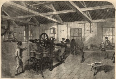 Telegrafi: tillverkning av transatlantisk kabel i Glass, Elliot and Companys fabrik i East Greenwich (England). Gravyr i "" The Illustrated London News"" av 14 mars av Unknown artist