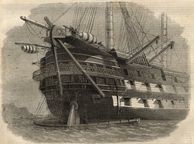 Telegrafi: utsikt över aktern på fartyget H.M.S. "Agamemnon"" som kommer att lägga den första transatlantiska kabeln. Gravyr i "" The Illustrated London News"" av 5 juni av Unknown artist