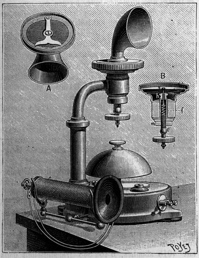 Telefoni i Sverige: modell av en telefon från Ericsson Company. Gravyr i "" Nature: granskning av vetenskaperna och deras tillämpningar på konst och industri "" av 23 mars 1889. av Unknown artist