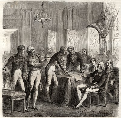 Alliansen 1834 mellan Storbritannien, Frankrike, Spanien och Portugal för att genomdriva Evoramontes koncession - Inför Don Carlos anspråk på den spanska tronen, Quadruple Alliance (Charles-Maurice de Talleyrand - Don Manuel Pando-Fernandez av Unknown artist