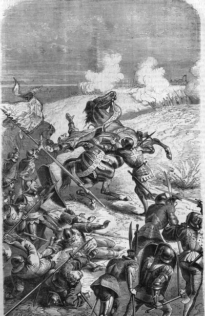 Den 75-årige veteranen John Talot omsattes för att leda en expedition på 3000 man, som barkerade i Guyenne den 17 oktober 1452. Gravyr som representerar Talbots död i strid. Gravyr av 1800-talet. av Unknown artist