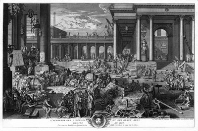 Vetenskaps- och konstakademin tillägnad Roy. Genom sin mycket ödmjuka och mycket trogna tjänare och undersåte Seb. kontoristen. Gravyr Ebastien Leclerc, Den Gamle av Unknown artist