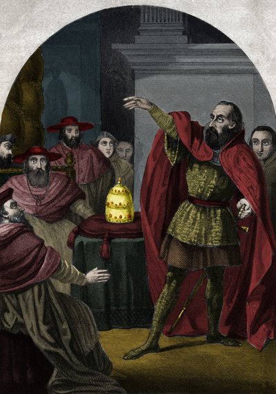 Motpåven Johannes XXIII (Antipapa Giovanni 23) (1410-1415) (Baldassarre Cossa) utropades till suverän påve av rådet i Pisa 1410. Gravyr från 1842 i "Histoire des popes"" av Maurice Lachatre. Privat samling. av Unknown artist