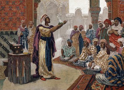 Den arabiske alkemisten Geber (Jâbir ibn Hayyan) (v721-v815), enching kemi. Barcelona 1881 av Unknown artist