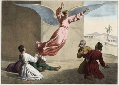 Ärkeängeln Raphael lämnar familjen Tobie. Anonym gravyr från mitten av 1800-talet. av Unknown artist