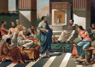 Banketten i Periander (tyrann eller kung av Korint) för de sju vise männen i Grekland. från vänster till höger: Bias, Esop, Anacharis, Cleobule, Solon, Pythagoras, Periander och hans fru Melisse. Efter "" La Ciencia y sus Hombres av Louis Figuier"". Barcel av Unknown artist