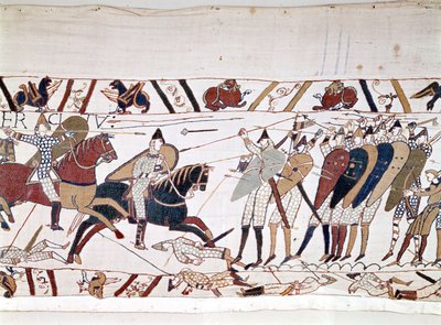 Slaget vid Hastings, vunnet av Vilhelm I Erövraren (1027 - 1087) den 14/10/1066 och under vilken kung Harold II av England dog (1022 - 1066). Bayeux gobeläng, känd som Broderi av drottning Mathilde av Unknown artist