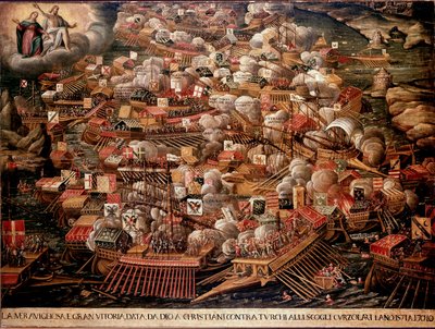 Slaget vid Lepante utanför Greklands kust motsatte sig en spansk, venetiansk och påvestyrka till ottomanerna 1571. Anonym målning. 1500-talet. Venedig Museo Correr av Unknown artist