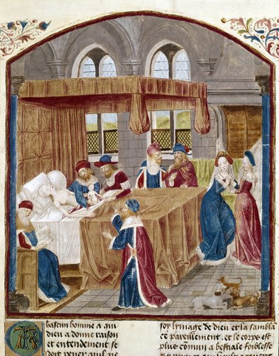 Jules Cesars födelse - Miniatyr extraherad från Facts of the Romans av Jules Cesar a Domitian, texter av Lucan (39-65), Suetone (70-122) och Salluste (86-34 f.Kr.) av Unknown artist