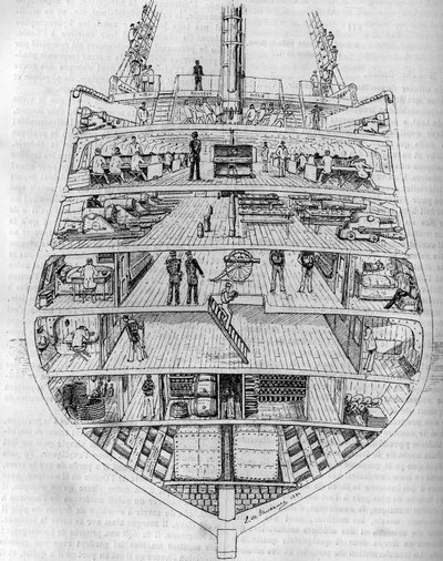 "Borda": tvärsnitt av båten. Teckning av M.L. de Saussure. Gravyr i "The Journal of Youth" av Unknown artist